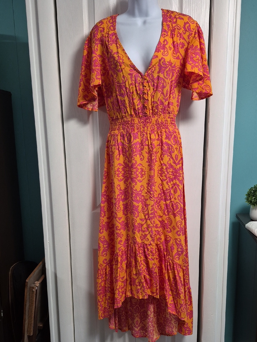 Vibrant Pink & Orange Floral Midi Dress XS
